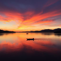 a peaceful sunset over a serene lake, with vibrant orange and pink hues reflecting on the calm water, surrounded by lush trees and mountains in the distance, a gentle breeze creating small ripples on the water surface, with a silhouette of a lone boat floating in the middle