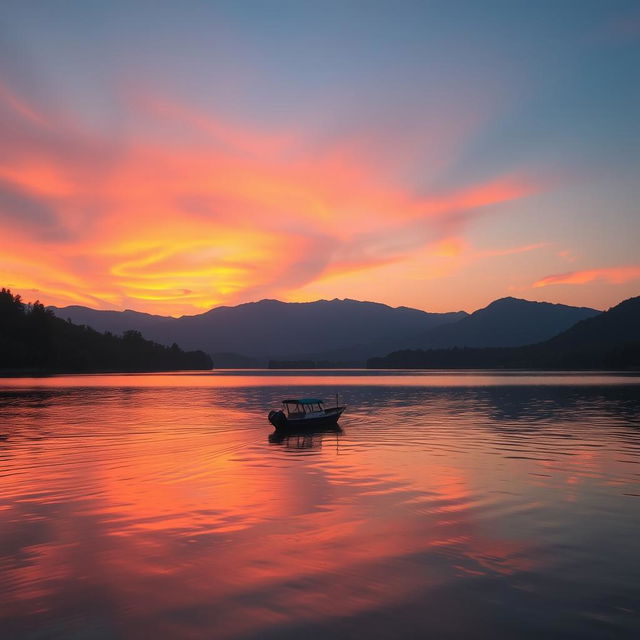 a peaceful sunset over a serene lake, with vibrant orange and pink hues reflecting on the calm water, surrounded by lush trees and mountains in the distance, a gentle breeze creating small ripples on the water surface, with a silhouette of a lone boat floating in the middle