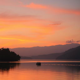 a peaceful sunset over a serene lake, with vibrant orange and pink hues reflecting on the calm water, surrounded by lush trees and mountains in the distance, a gentle breeze creating small ripples on the water surface, with a silhouette of a lone boat floating in the middle