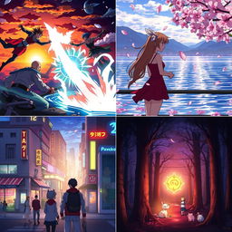 Four scenes from an anime: 1) A dramatic sunset battle between powerful warriors with vibrant energy blasts clashing; 2) A serene moment by a crystal clear lake with cherry blossom petals gently falling around a couple sharing a heartfelt conversation; 3) A bustling futuristic cityscape at night, with neon signs illuminating the streets filled with diverse characters; 4) A mystical forest where the protagonist discovers an ancient, glowing artifact surrounded by ethereal creatures