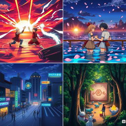 Four scenes from an anime: 1) A dramatic sunset battle between powerful warriors with vibrant energy blasts clashing; 2) A serene moment by a crystal clear lake with cherry blossom petals gently falling around a couple sharing a heartfelt conversation; 3) A bustling futuristic cityscape at night, with neon signs illuminating the streets filled with diverse characters; 4) A mystical forest where the protagonist discovers an ancient, glowing artifact surrounded by ethereal creatures