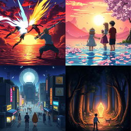 Four scenes from an anime: 1) A dramatic sunset battle between powerful warriors with vibrant energy blasts clashing; 2) A serene moment by a crystal clear lake with cherry blossom petals gently falling around a couple sharing a heartfelt conversation; 3) A bustling futuristic cityscape at night, with neon signs illuminating the streets filled with diverse characters; 4) A mystical forest where the protagonist discovers an ancient, glowing artifact surrounded by ethereal creatures