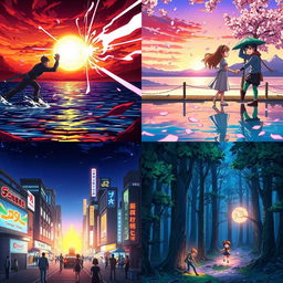 Four scenes from an anime: 1) A dramatic sunset battle between powerful warriors with vibrant energy blasts clashing; 2) A serene moment by a crystal clear lake with cherry blossom petals gently falling around a couple sharing a heartfelt conversation; 3) A bustling futuristic cityscape at night, with neon signs illuminating the streets filled with diverse characters; 4) A mystical forest where the protagonist discovers an ancient, glowing artifact surrounded by ethereal creatures