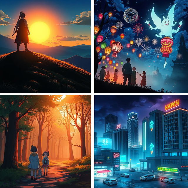 Four anime scenes: 1) A heroic warrior standing atop a hill as the sun sets behind him, casting a dramatic shadow; 2) A group of friends enjoying a lively festival at night, with colorful lanterns and fireworks lighting up the sky; 3) A mystical forest where the protagonist encounters a magical creature that emits a soft glowing aura; 4) A cyberpunk cityscape with bustling streets, flying cars, and futuristic neon signs reflecting off sleek skyscrapers