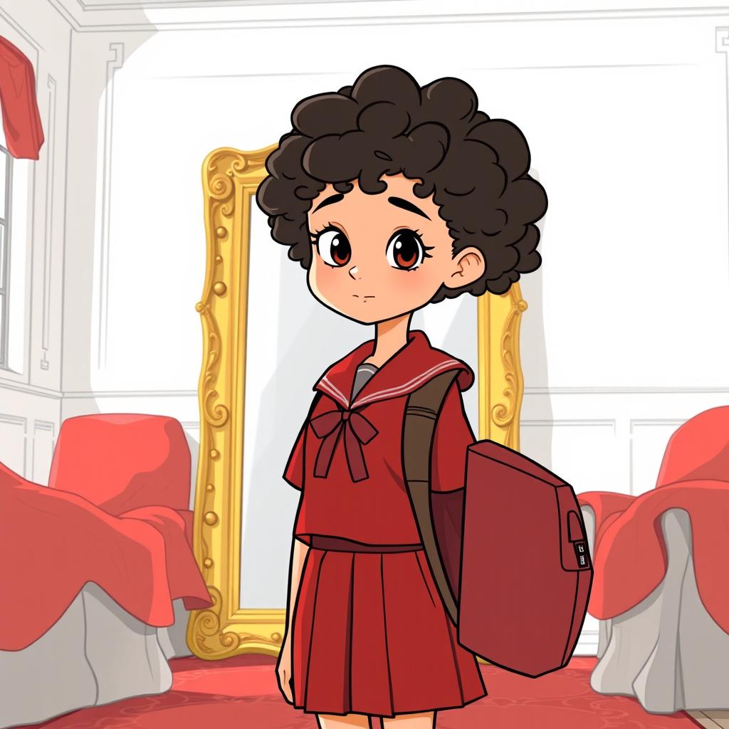 A girl with curly hair dressed in a red school uniform with a backpack on her back, standing in front of a large golden mirror in a room painted white with furniture covered by red sheets, in a cartoon style