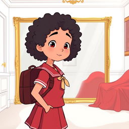 A girl with curly hair dressed in a red school uniform with a backpack on her back, standing in front of a large golden mirror in a room painted white with furniture covered by red sheets, in a cartoon style