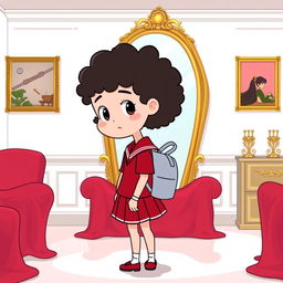 A girl with curly hair dressed in a red school uniform with a backpack on her back, standing in front of a large golden mirror in a room painted white with furniture covered by red sheets, in a cartoon style