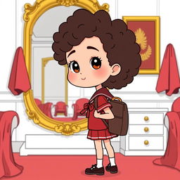 A girl with curly hair dressed in a red school uniform with a backpack on her back, standing in front of a large golden mirror in a room painted white with furniture covered by red sheets, in a cartoon style