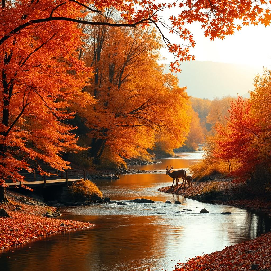 A serene autumn landscape with a gentle river flowing through a dense forest of vibrant orange and red maple trees