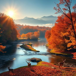 A serene autumn landscape with a gentle river flowing through a dense forest of vibrant orange and red maple trees