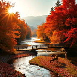 A serene autumn landscape with a gentle river flowing through a dense forest of vibrant orange and red maple trees