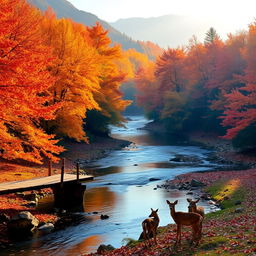 A serene autumn landscape with a gentle river flowing through a dense forest of vibrant orange and red maple trees