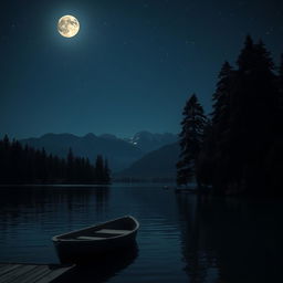 A serene night scene featuring a tranquil lake under a starry sky