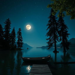 A serene night scene featuring a tranquil lake under a starry sky