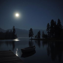 A serene night scene featuring a tranquil lake under a starry sky