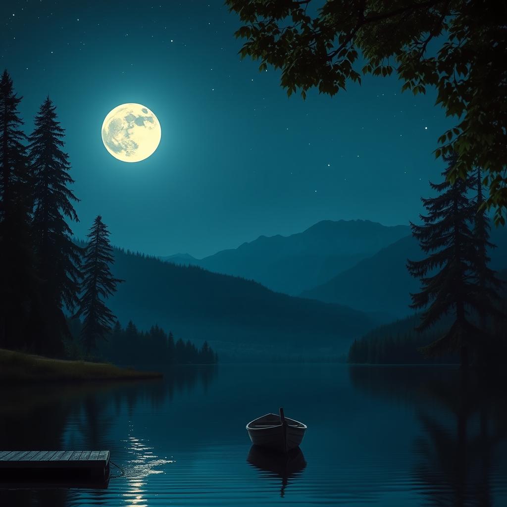 A serene night scene featuring a tranquil lake under a starry sky