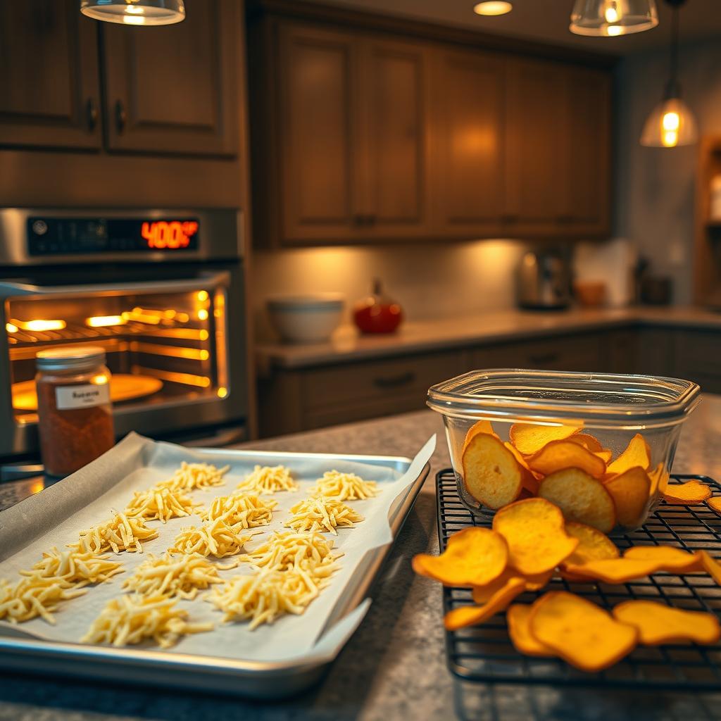 A cozy kitchen setting with an oven preheating in the background, digital display showing 400°F