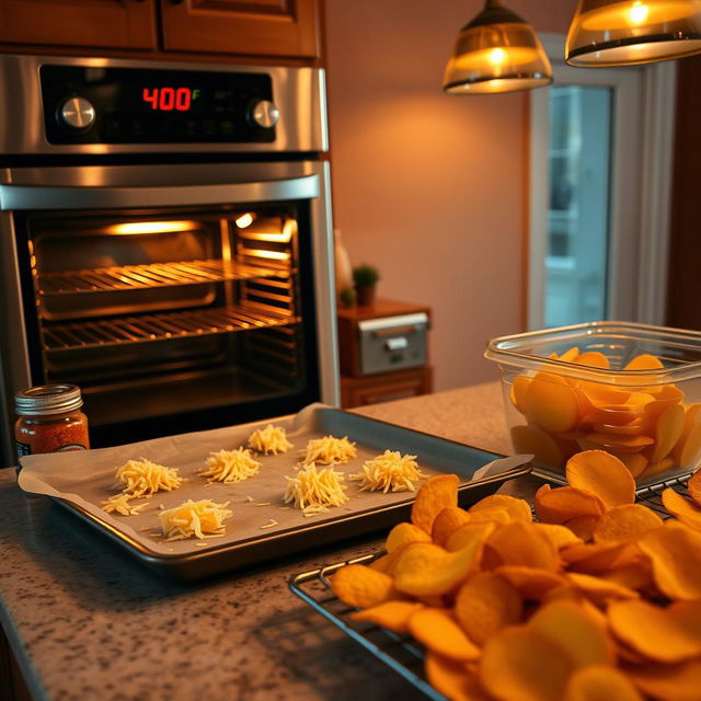 A cozy kitchen setting with an oven preheating in the background, digital display showing 400°F