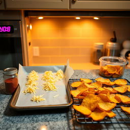 A cozy kitchen setting with an oven preheating in the background, digital display showing 400°F