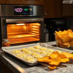 A cozy kitchen setting with an oven preheating in the background, digital display showing 400°F