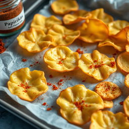 A close-up, highly realistic image of freshly baked cheese chips cooling on a parchment paper-lined baking sheet