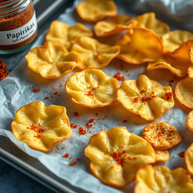 A close-up, highly realistic image of freshly baked cheese chips cooling on a parchment paper-lined baking sheet