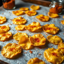 A close-up, highly realistic image of freshly baked cheese chips cooling on a parchment paper-lined baking sheet