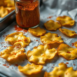 A close-up, highly realistic image of freshly baked cheese chips cooling on a parchment paper-lined baking sheet