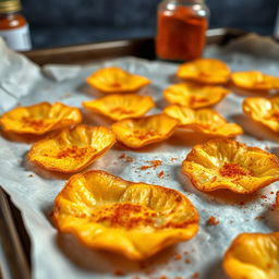 A close-up, highly realistic image of freshly baked cheese chips cooling on a parchment paper-lined baking sheet