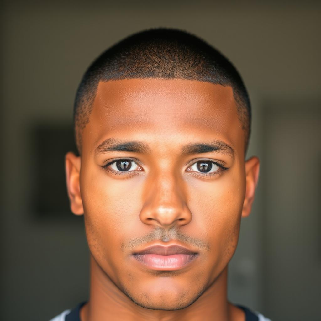 A man with brown skin, sporting a buzz cut hairstyle, with almond-shaped black eyes