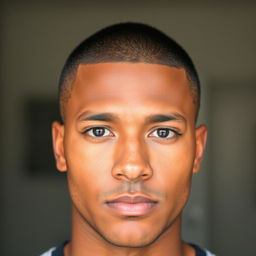 A man with brown skin, sporting a buzz cut hairstyle, with almond-shaped black eyes