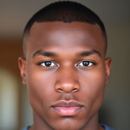 A man with brown skin, sporting a buzz cut hairstyle, with almond-shaped black eyes