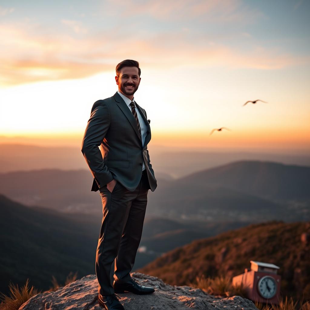 A confident man standing on a mountaintop at sunrise, overlooking a vast, beautiful landscape