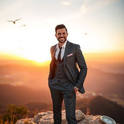 A confident man standing on a mountaintop at sunrise, overlooking a vast, beautiful landscape