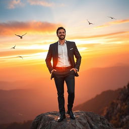 A confident man standing on a mountaintop at sunrise, overlooking a vast, beautiful landscape