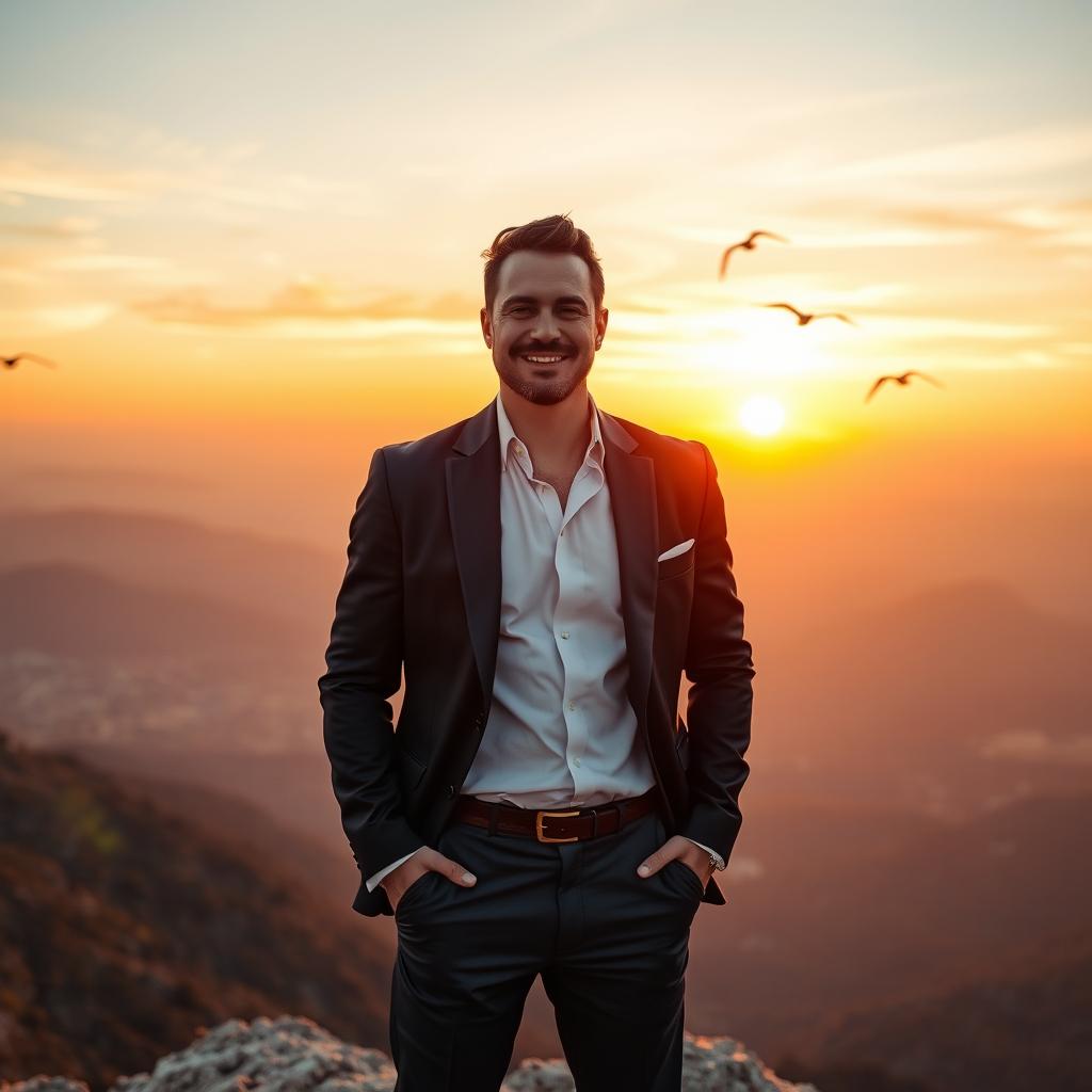 A confident man standing on a mountaintop at sunrise, overlooking a vast, beautiful landscape