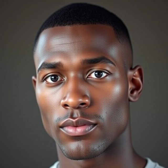 A man with brown skin, sporting a buzz cut hairstyle, featuring almond-shaped round black eyes