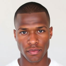 A man with brown skin, sporting a buzz cut hairstyle, featuring almond-shaped round black eyes