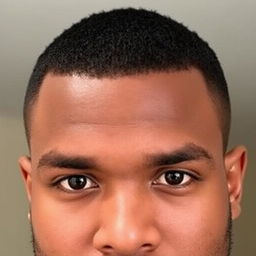 A man with brown skin, sporting a buzz cut hairstyle, featuring almond-shaped round black eyes