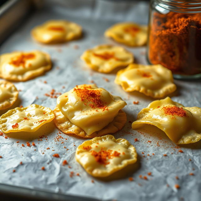 A close-up, highly realistic image of freshly baked cheese chips cooling on a parchment paper-lined baking sheet