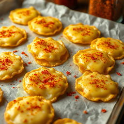 A close-up, highly realistic image of freshly baked cheese chips cooling on a parchment paper-lined baking sheet