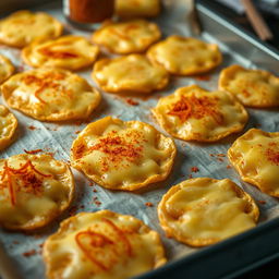 A close-up, highly realistic image of freshly baked cheese chips cooling on a parchment paper-lined baking sheet