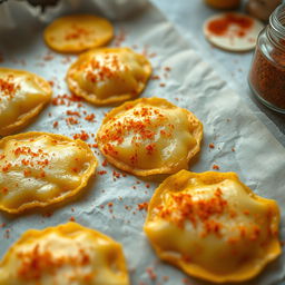 A close-up, highly realistic image of freshly baked cheese chips cooling on a parchment paper-lined baking sheet