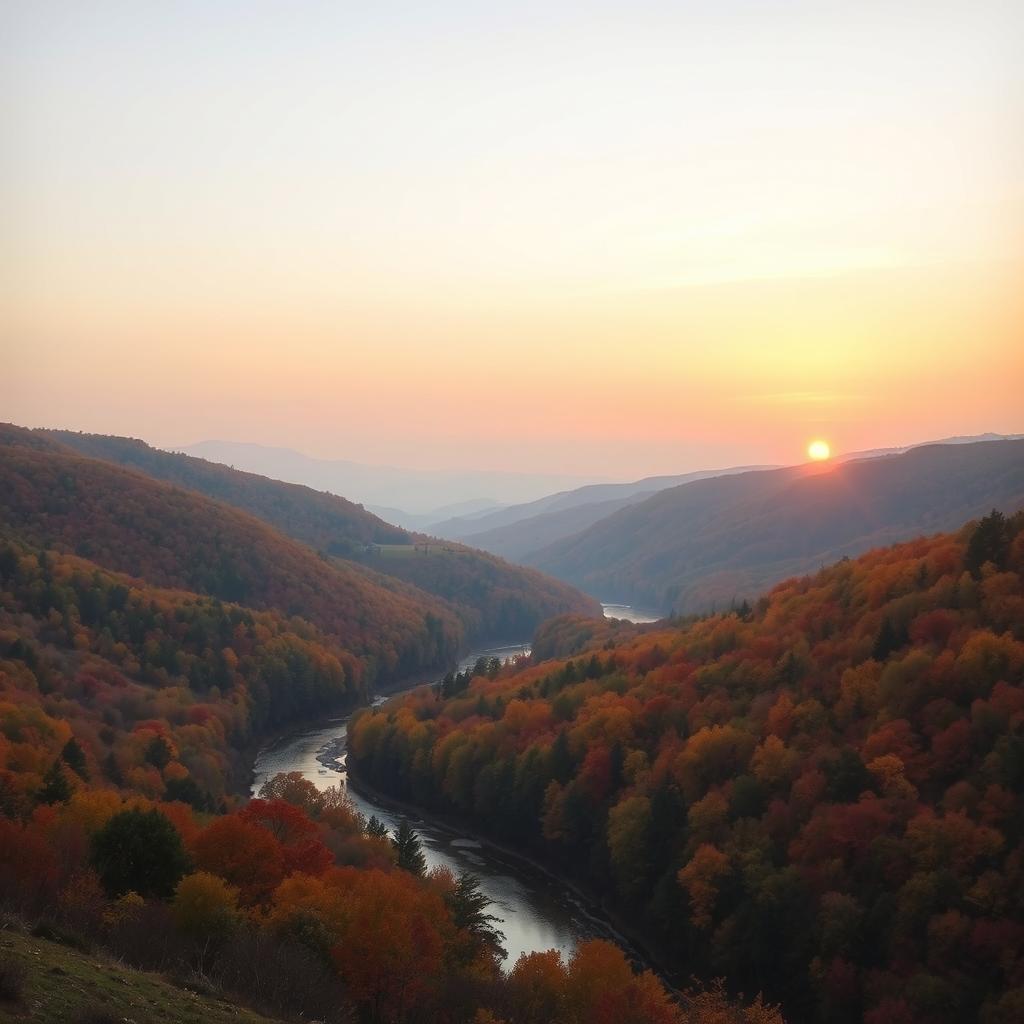 A serene landscape with rolling hills covered in vibrant autumn foliage, a gentle river winding through the valley, and a pastel-colored sunset casting a warm glow over the scene