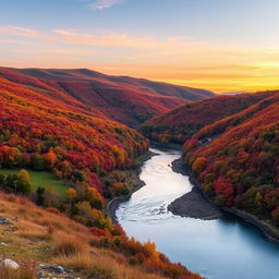 A serene landscape with rolling hills covered in vibrant autumn foliage, a gentle river winding through the valley, and a pastel-colored sunset casting a warm glow over the scene