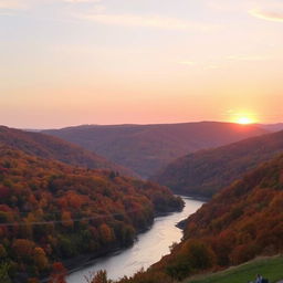 A serene landscape with rolling hills covered in vibrant autumn foliage, a gentle river winding through the valley, and a pastel-colored sunset casting a warm glow over the scene