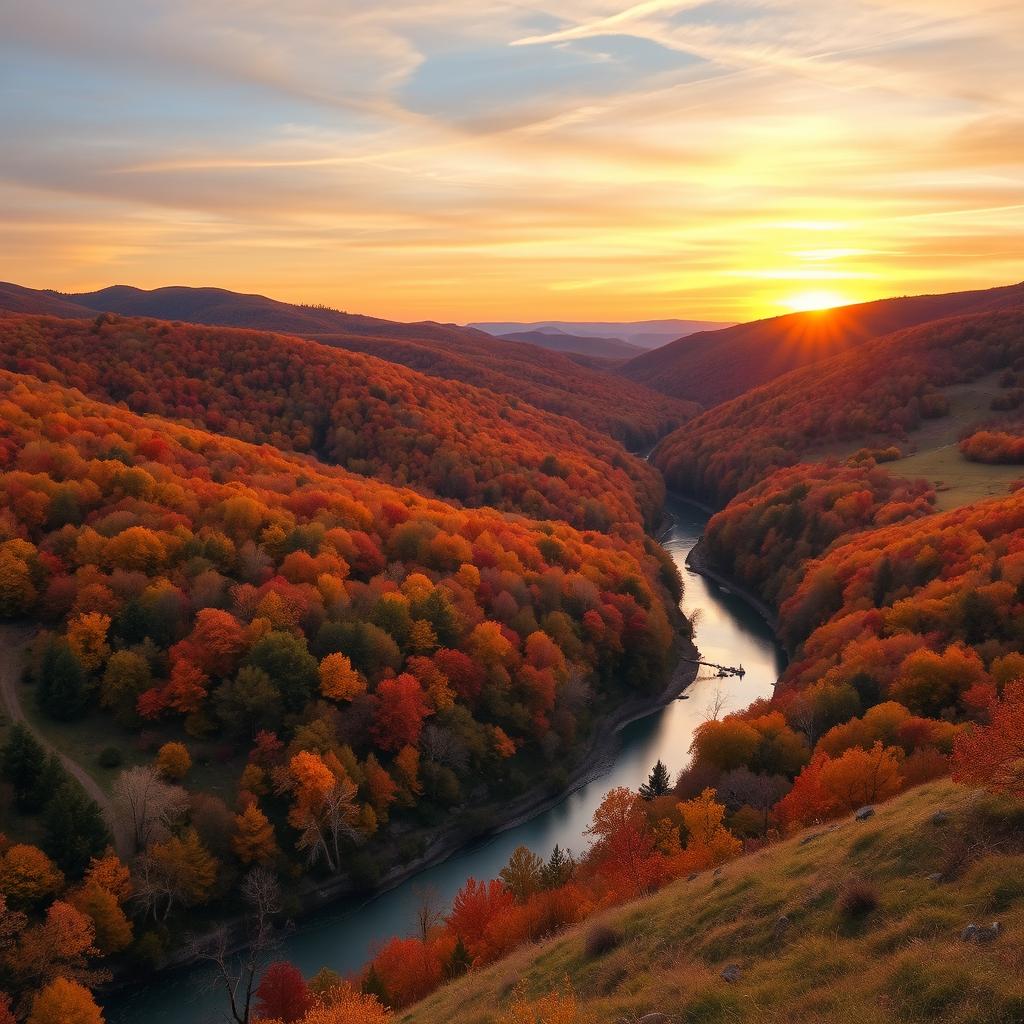 A serene landscape with rolling hills covered in vibrant autumn foliage, a gentle river winding through the valley, and a pastel-colored sunset casting a warm glow over the scene