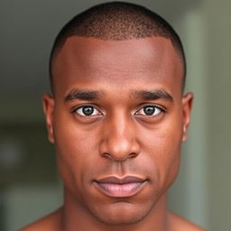 A man with brown skin, sporting a buzz cut hairstyle, featuring almond-shaped round black eyes