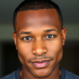 A man with brown skin, sporting a buzz cut hairstyle, featuring almond-shaped round black eyes