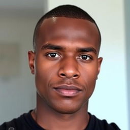 A man with brown skin, sporting a buzz cut hairstyle, featuring almond-shaped round black eyes